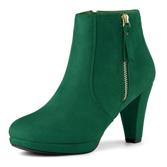 Allegra K Shoes - Women's Side Zip Low Platform Chunky Heel Emerald Green Ankle Booties